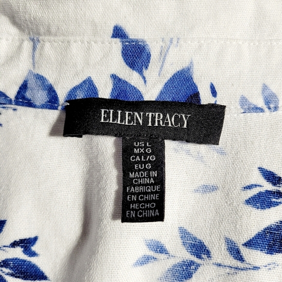 Ellen Tracy White Linen with Blue Floral Print Tie Front Blouse Women's (L) - Picture 8 of 12